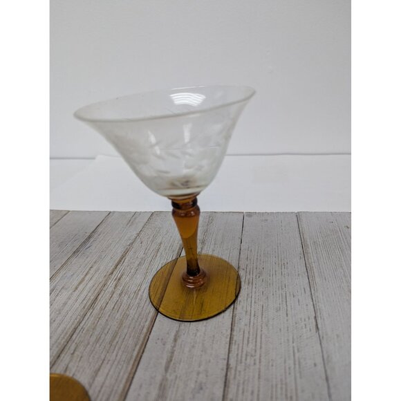 Vintage 5 1/4" Juice Cordial Cocktail Glasses Set Of 3 Amber Stem Floral Ivy - Picture 7 of 7